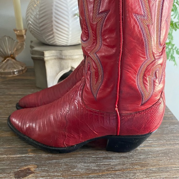 Vtg LARRY MAHAN 80s Exotic Lizard Tall Western Cowboy Cowgirl Boots 8 B Red - Picture 15 of 16